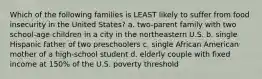 Which of the following families is LEAST likely to suffer from food insecurity in the United States? a. two-parent family with two school-age children in a city in the northeastern U.S. b. single Hispanic father of two preschoolers c. single African American mother of a high-school student d. elderly couple with fixed income at 150% of the U.S. poverty threshold