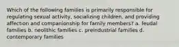 Which of the following families is primarily responsible for regulating sexual activity, socializing children, and providing affection and companionship for family members? a. feudal families b. neolithic families c. preindustrial families d. contemporary families