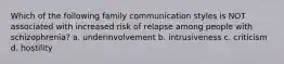 Which of the following family communication styles is NOT associated with increased risk of relapse among people with schizophrenia? a. underinvolvement b. intrusiveness c. criticism d. hostility