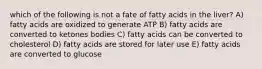 which of the following is not a fate of fatty acids in the liver? A) fatty acids are oxidized to generate ATP B) fatty acids are converted to ketones bodies C) fatty acids can be converted to cholesterol D) fatty acids are stored for later use E) fatty acids are converted to glucose