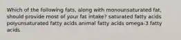 Which of the following fats, along with monounsaturated fat, should provide most of your fat intake? saturated fatty acids polyunsaturated fatty acids animal fatty acids omega-3 fatty acids