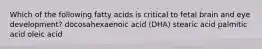 Which of the following fatty acids is critical to fetal brain and eye development? docosahexaenoic acid (DHA) stearic acid palmitic acid oleic acid