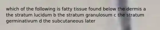 which of the following is fatty tissue found below <a href='https://www.questionai.com/knowledge/kEsXbG6AwS-the-dermis' class='anchor-knowledge'>the dermis</a> a the stratum lucidum b the stratum granulosum c the stratum germinativum d the subcutaneous later