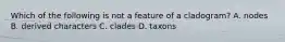 Which of the following is not a feature of a cladogram? A. nodes B. derived characters C. clades D. taxons