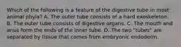 Which of the following is a feature of the digestive tube in most animal phyla? A. The outer tube consists of a hard exoskeleton. B. The outer tube consists of digestive organs. C. The mouth and anus form the ends of the inner tube. D. The two "tubes" are separated by tissue that comes from embryonic endoderm.