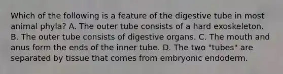 Which of the following is a feature of the digestive tube in most animal phyla? A. The outer tube consists of a hard exoskeleton. B. The outer tube consists of digestive organs. C. The mouth and anus form the ends of the inner tube. D. The two "tubes" are separated by tissue that comes from embryonic endoderm.