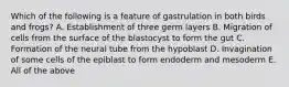 Which of the following is a feature of gastrulation in both birds and frogs? A. Establishment of three germ layers B. Migration of cells from the surface of the blastocyst to form the gut C. Formation of the neural tube from the hypoblast D. Invagination of some cells of the epiblast to form endoderm and mesoderm E. All of the above