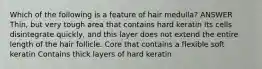 Which of the following is a feature of hair medulla? ANSWER Thin, but very tough area that contains hard keratin Its cells disintegrate quickly, and this layer does not extend the entire length of the hair follicle. Core that contains a flexible soft keratin Contains thick layers of hard keratin