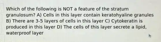 Which of the following is NOT a feature of the stratum granulosum? A) Cells in this layer contain keratohyaline granules B) There are 3-5 layers of cells in this layer C) Cytokeratin is produced in this layer D) The cells of this layer secrete a lipid, waterproof layer