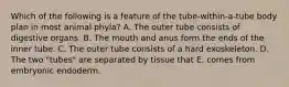 Which of the following is a feature of the tube-within-a-tube body plan in most animal phyla? A. The outer tube consists of digestive organs. B. The mouth and anus form the ends of the inner tube. C. The outer tube consists of a hard exoskeleton. D. The two "tubes" are separated by tissue that E. comes from embryonic endoderm.