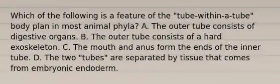 Which of the following is a feature of the "tube-within-a-tube" body plan in most animal phyla? A. The outer tube consists of digestive organs. B. The outer tube consists of a hard exoskeleton. C. <a href='https://www.questionai.com/knowledge/krBoWYDU6j-the-mouth' class='anchor-knowledge'>the mouth</a> and anus form the ends of the inner tube. D. The two "tubes" are separated by tissue that comes from embryonic endoderm.