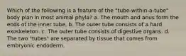 Which of the following is a feature of the "tube-within-a-tube" body plan in most animal phyla? a. The mouth and anus form the ends of the inner tube. b. The outer tube consists of a hard exoskeleton. c. The outer tube consists of digestive organs. d. The two "tubes" are separated by tissue that comes from embryonic endoderm.