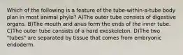 Which of the following is a feature of the tube-within-a-tube body plan in most animal phyla? A)The outer tube consists of digestive organs. B)The mouth and anus form the ends of the inner tube. C)The outer tube consists of a hard exoskeleton. D)The two "tubes" are separated by tissue that comes from embryonic endoderm.