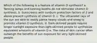 Which of the following is a feature of vitamin D synthesis? a. Tanning lamps and tanning booths do not stimulate vitamin D synthesis. b. Sunscreens with sunburn protection factors of 2 and above prevent synthesis of vitamin D. c. The ultraviolet rays of the sun are able to easily pierce heavy clouds and smog to promote vitamin D synthesis. d. Dark-skinned people require longer sunlight exposure than light-skinned people to synthesize equivalent amounts of vitamin D e. The risks of skin cancer often outweigh the benefits of sun exposure for very light-skinned people.