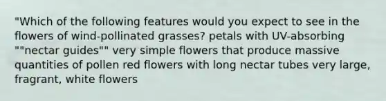 "Which of the following features would you expect to see in the flowers of wind-pollinated grasses? petals with UV-absorbing ""nectar guides"" very simple flowers that produce massive quantities of pollen red flowers with long nectar tubes very large, fragrant, white flowers