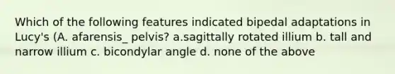 Which of the following features indicated bipedal adaptations in Lucy's (A. afarensis_ pelvis? a.sagittally rotated illium b. tall and narrow illium c. bicondylar angle d. none of the above