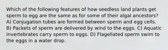 Which of the following features of how seedless land plants get sperm to egg are the same as for some of their algal ancestors? A) Conjugation tubes are formed between sperm and egg cells. B) Packets of sperm are delivered by wind to the eggs. C) Aquatic invertebrates carry sperm to eggs. D) Flagellated sperm swim to the eggs in a water drop.