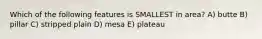 Which of the following features is SMALLEST in area? A) butte B) pillar C) stripped plain D) mesa E) plateau