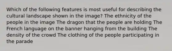 Which of the following features is most useful for describing the cultural landscape shown in the image? The ethnicity of the people in the image The dragon that the people are holding The French language on the banner hanging from the building The density of the crowd The clothing of the people participating in the parade