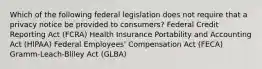 Which of the following federal legislation does not require that a privacy notice be provided to consumers? Federal Credit Reporting Act (FCRA) Health Insurance Portability and Accounting Act (HIPAA) Federal Employees' Compensation Act (FECA) Gramm-Leach-Bliley Act (GLBA)