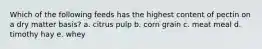 Which of the following feeds has the highest content of pectin on a dry matter basis? a. citrus pulp b. corn grain c. meat meal d. timothy hay e. whey