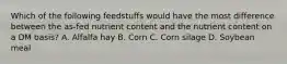 Which of the following feedstuffs would have the most difference between the as-fed nutrient content and the nutrient content on a DM basis? A. Alfalfa hay B. Corn C. Corn silage D. Soybean meal