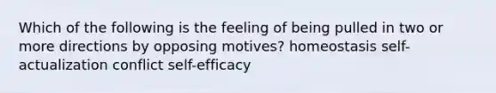 Which of the following is the feeling of being pulled in two or more directions by opposing motives? homeostasis self-actualization conflict self-efficacy