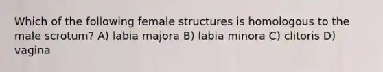 Which of the following female structures is homologous to the male scrotum? A) labia majora B) labia minora C) clitoris D) vagina