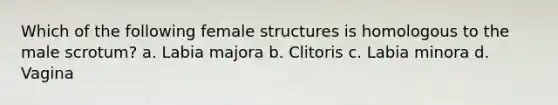 Which of the following female structures is homologous to the male scrotum? a. Labia majora b. Clitoris c. Labia minora d. Vagina