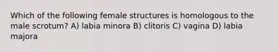 Which of the following female structures is homologous to the male scrotum? A) labia minora B) clitoris C) vagina D) labia majora