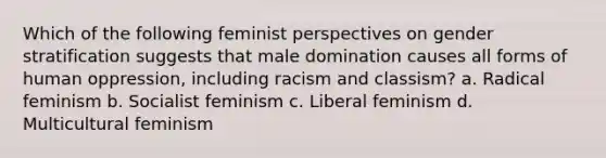 Which of the following feminist perspectives on gender stratification suggests that male domination causes all forms of human oppression, including racism and classism? a. Radical feminism b. Socialist feminism c. Liberal feminism d. Multicultural feminism