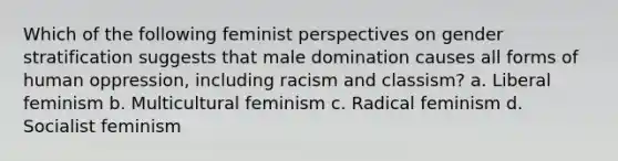 Which of the following feminist perspectives on gender stratification suggests that male domination causes all forms of human oppression, including racism and classism? a. Liberal feminism b. Multicultural feminism c. Radical feminism d. Socialist feminism