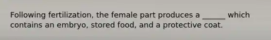 Following fertilization, the female part produces a ______ which contains an embryo, stored food, and a protective coat.