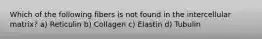 Which of the following fibers is not found in the intercellular matrix? a) Reticulin b) Collagen c) Elastin d) Tubulin