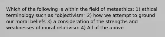 Which of the following is within the field of metaethics: 1) ethical terminology such as "objectivism" 2) how we attempt to ground our moral beliefs 3) a consideration of the strengths and weaknesses of moral relativism 4) All of the above