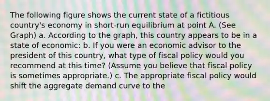 The following figure shows the current state of a fictitious country's economy in short-run equilibrium at point A. (See Graph) a. According to the graph, this country appears to be in a state of economic: b. If you were an economic advisor to the president of this country, what type of fiscal policy would you recommend at this time? (Assume you believe that fiscal policy is sometimes appropriate.) c. The appropriate fiscal policy would shift the aggregate demand curve to the