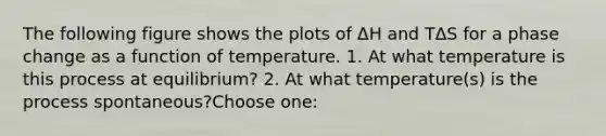 The following figure shows the plots of ΔH and TΔS for a phase change as a function of temperature. 1. At what temperature is this process at equilibrium? 2. At what temperature(s) is the process spontaneous?Choose one: