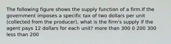 The following figure shows the supply function of a firm.If the government imposes a specific tax of two dollars per unit (collected from the producer), what is the firm's supply if the agent pays 12 dollars for each unit? more than 300 0 200 300 less than 200