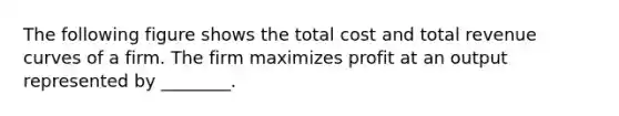 The following figure shows the total cost and total revenue curves of a firm. The firm maximizes profit at an output represented by ________.