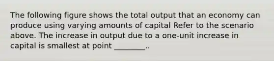 The following figure shows the total output that an economy can produce using varying amounts of capital Refer to the scenario above. The increase in output due to a one-unit increase in capital is smallest at point ________..