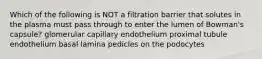 Which of the following is NOT a filtration barrier that solutes in the plasma must pass through to enter the lumen of Bowman's capsule? glomerular capillary endothelium proximal tubule endothelium basal lamina pedicles on the podocytes