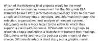 Which of the following final projects would be the most appropriate summative assessment for the 6th grade ELA standard below? Write informative/explanatory texts to examine a topic and convey ideas, concepts, and information through the selection, organization, and analysis of relevant content. A)Students write a mock letter to the editor in which they support a claim with evidence. B)Students work in groups to research a topic and create a slideshow to present their findings. C)Students write and record a podcast about a topic of their choice. D)Students adapt a short story into a graphic novel.