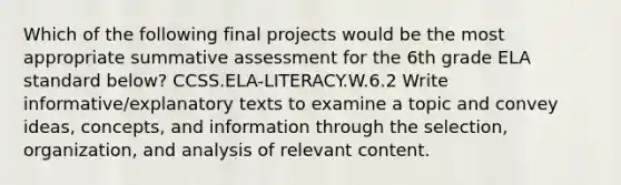 Which of the following final projects would be the most appropriate summative assessment for the 6th grade ELA standard below? CCSS.ELA-LITERACY.W.6.2 Write informative/explanatory texts to examine a topic and convey ideas, concepts, and information through the selection, organization, and analysis of relevant content.