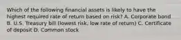 Which of the following financial assets is likely to have the highest required rate of return based on risk? A. Corporate bond B. U.S. Treasury bill (lowest risk, low rate of return) C. Certificate of deposit D. Common stock