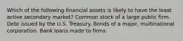 Which of the following financial assets is likely to have the least active secondary market? Common stock of a large public firm. Debt issued by the U.S. Treasury. Bonds of a major, multinational corporation. Bank loans made to firms.