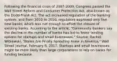 Following the financial crisis of​ 2007-2009, Congress passed the Wall Street Reform and Consumer Protection​ Act, also known as the​ Dodd-Frank Act. The act increased regulation of the banking​ system, and from 2010 to​ 2016, regulators approved only five new​ banks, which was not enough to offset the closure of existing banks. According to the​ article, "Community bankers say the decline in the number of banks has led to fewer lending options for startups and small​ businesses." ​Source: Rachel​ Witkowski, "Banks Are Finally Sprouting Anew in​ America," Wall Street Journal​, February​ 8, 2017. Startups and small businesses might be more likely than large corporations to rely on banks for funding because