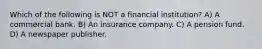 Which of the following is NOT a financial institution? A) A commercial bank. B) An insurance company. C) A pension fund. D) A newspaper publisher.