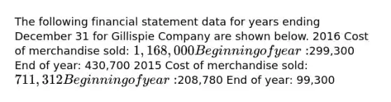 The following financial statement data for years ending December 31 for Gillispie Company are shown below. 2016 Cost of merchandise sold: 1,168,000 Beginning of year:299,300 End of year: 430,700 2015 Cost of merchandise sold: 711,312 Beginning of year:208,780 End of year: 99,300