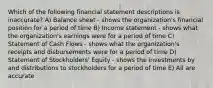 Which of the following financial statement descriptions is inaccurate? A) Balance sheet - shows the organization's financial position for a period of time B) Income statement - shows what the organization's earnings were for a period of time C) Statement of Cash Flows - shows what the organization's receipts and disbursements were for a period of time D) Statement of Stockholders' Equity - shows the investments by and distributions to stockholders for a period of time E) All are accurate