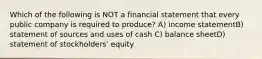 Which of the following is NOT a financial statement that every public company is required to produce? A) income statementB) statement of sources and uses of cash C) balance sheetD) statement of stockholdersʹ equity